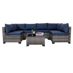 7 Pieces Furniture Set,All-Weather PE Wicker Rattan Sectional Conversation Sofa Set,Ouutdoor Low Back Sectional Sofa with Tea Table,for Garden, Backya (Color: as picture)